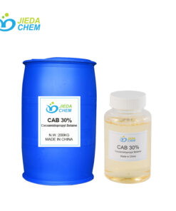 Blue 200kg drum CAB 30%, with a small bottle containing the light yellow transparent liquid CAB/CAPB 30% placed beside it