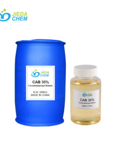 Blue 200kg drum CAB 35%, with a small bottle containing the light yellow transparent liquid CAB/CAPB 35% placed beside it