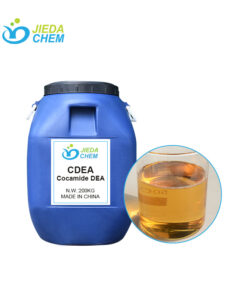 200kg blue drum CDEA, next to it is a beaker containing Yellow to amber liquid CDEA