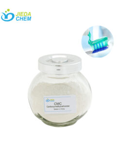 Glass bottle of Sodium CMC powder labeled with purity grade and viscosity specification