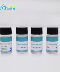 Four labeled sample bottles of Pentylene Glycol with product specifications on tags