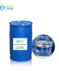 200kg blue drums of Sodium lauroyl sarcosinate next to the clear liquid form of Sodium lauroyl sarcosinate ina beaker