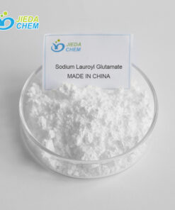 White powder Sodium lauroyl glutamate placed in a small glass bowl
