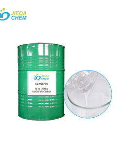 250kg green iron bucket of Glycerin, with transparent liquid Glycerin beside it, poured into a beaker