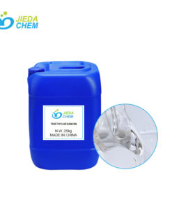 25kg blue drum Triethylhexanoin, next to it is a transparent liquid Triethylhexanoin in a small bottle being poured into a beaker